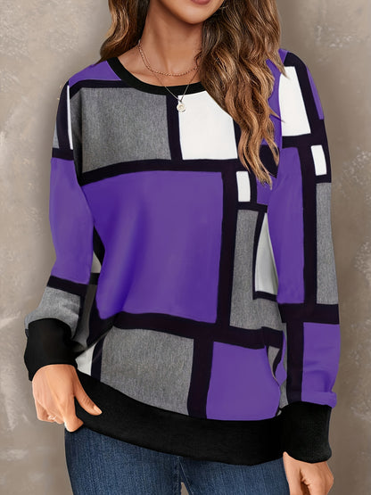 Color Block Crew Neck Pullover Sweatshirt, Casual Long Sleeve Sweatshirt For Spring & Fall, Women's Clothing