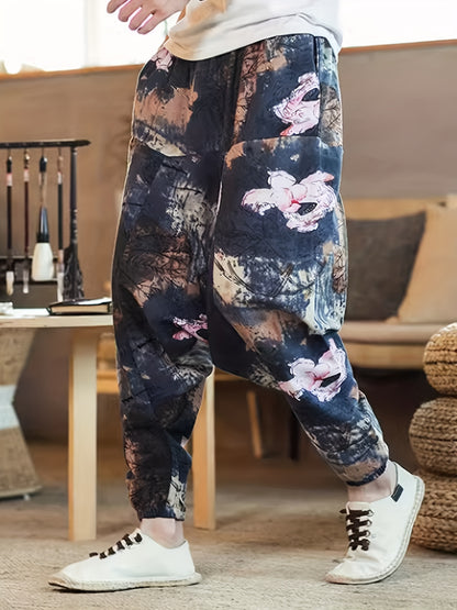gbolsos Ethnic Pattern Vintage Cotton Harem Pants, Men's Casual Drop Crotch Jogging Harem Pants For Spring Summer