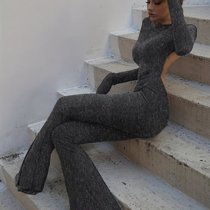 gbolsos  Backless Flared Leg Jumpsuit, Sexy Solid Long Sleeve Crew Neck Jumpsuit, Women's Clothing