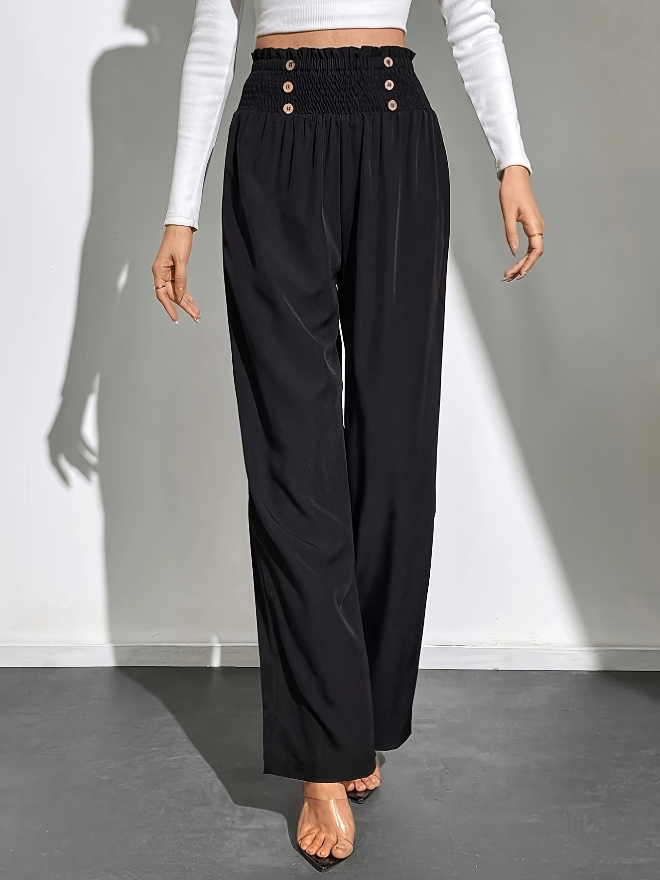 gbolsos  Button Decor Straight Leg Pants, Casual Solid Color High Waist Loose Pants, Women's Clothing