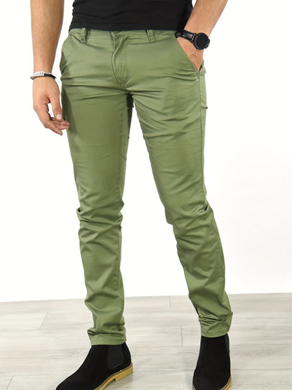 gbolsos Slim Fit Tapered Slacks, Men's Casual Slightly Stretch Solid Color All Match Pants For All Seasons Business