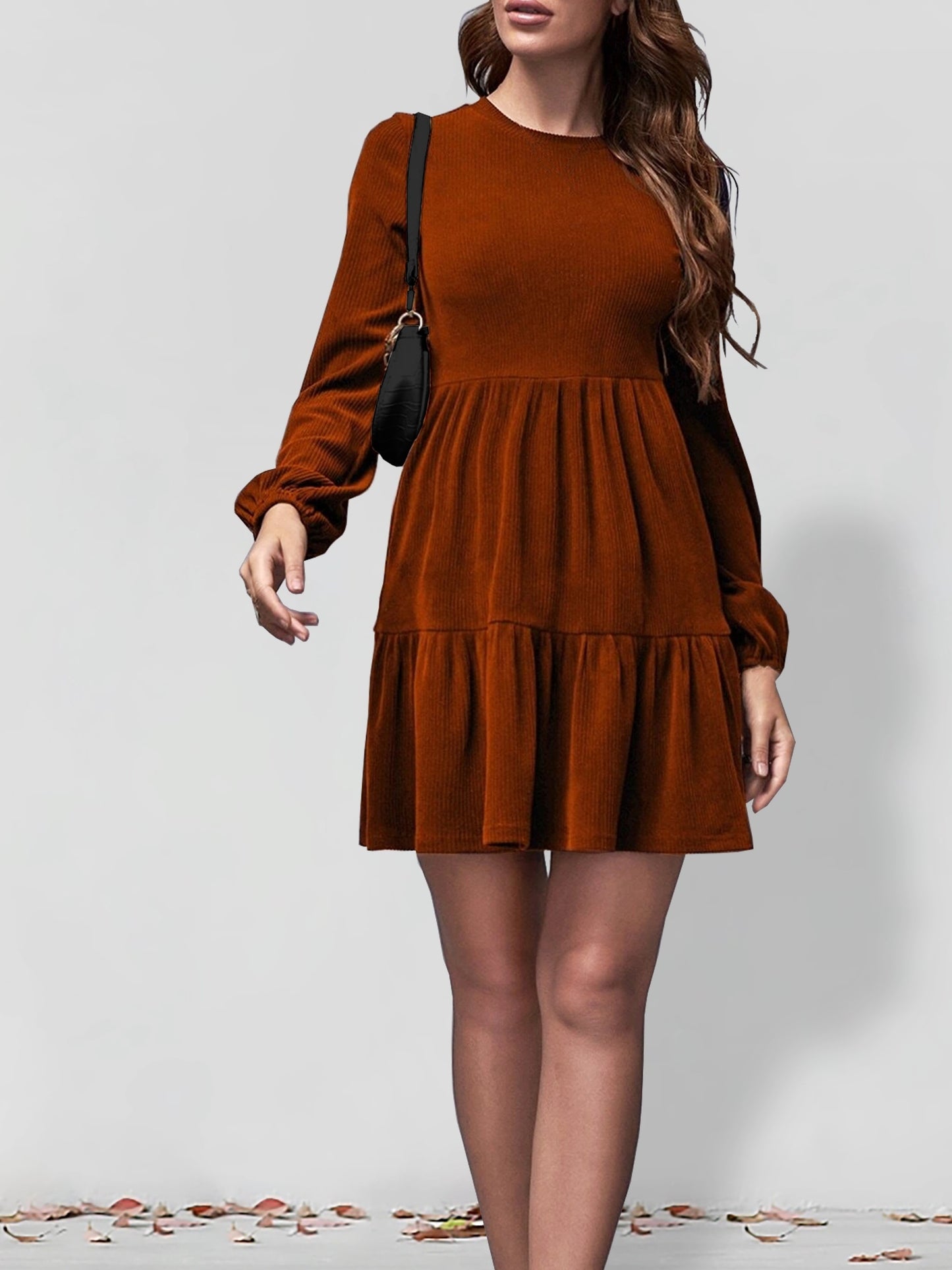 Solid Tiered Dress, Casual Crew Neck Long Sleeve Dress, Women's Clothing