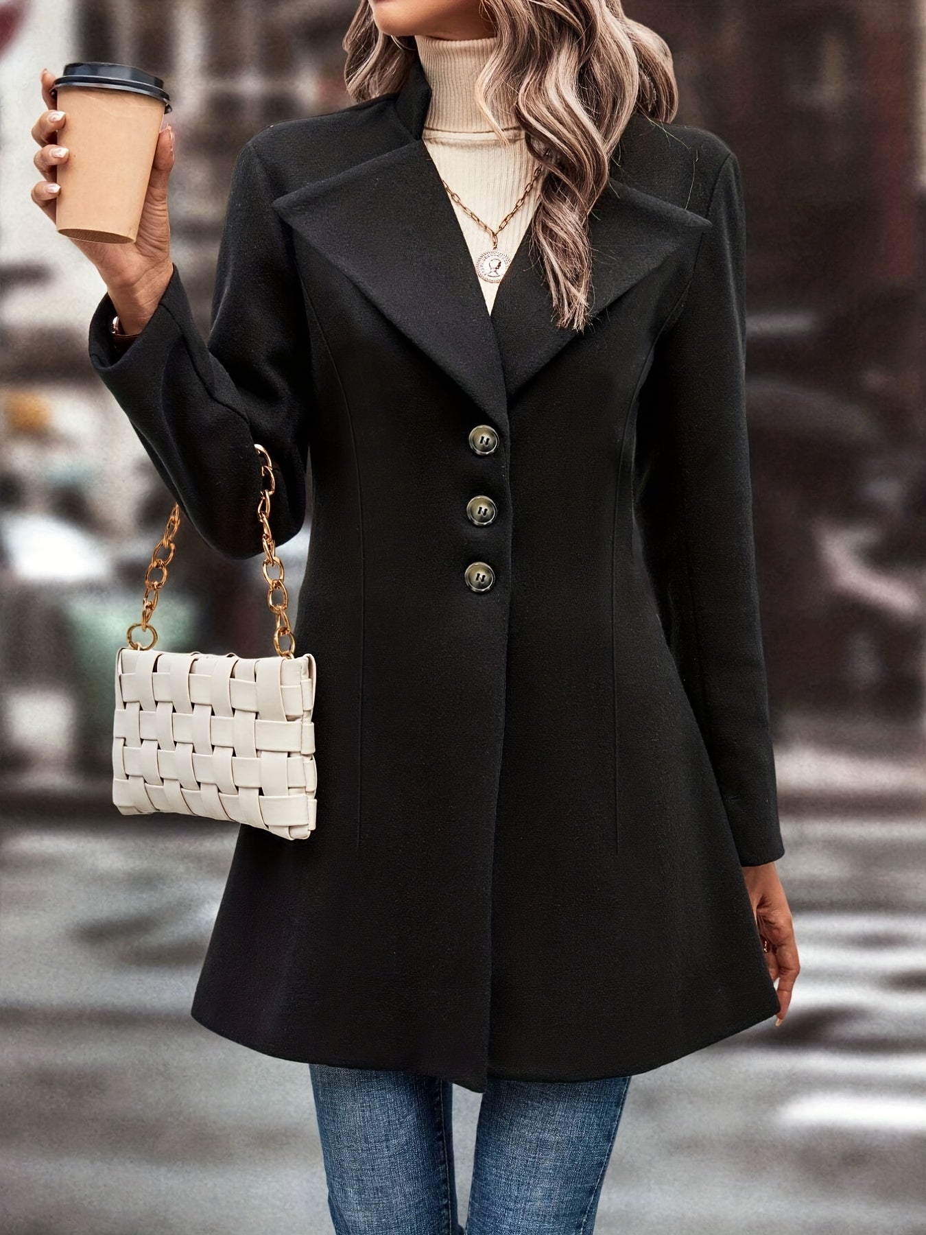 Solid Single Button Lapel Overcoat, Versatile Long Sleeve Winter Outwear, Women's Clothing