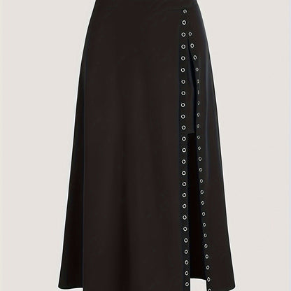 Solid Split Thigh Flared Skirt, Casual High Waist Midi Skirt, Women's Clothing