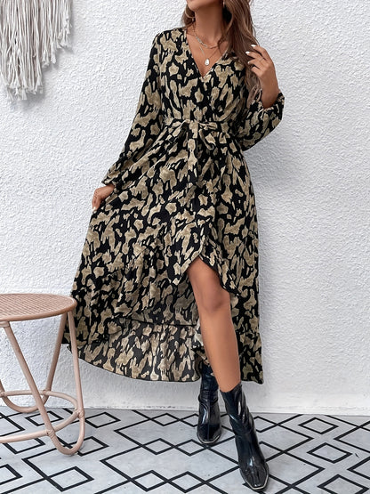 Allover Print Ruffle Hem Dress, Elegant V Neck Long Sleeve Dress, Women's Clothing