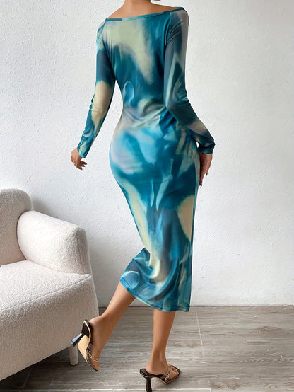 Tie Dye Print Cowl Neck Dress, Elegant Long Sleeve Bodycon Dress, Women's Clothing