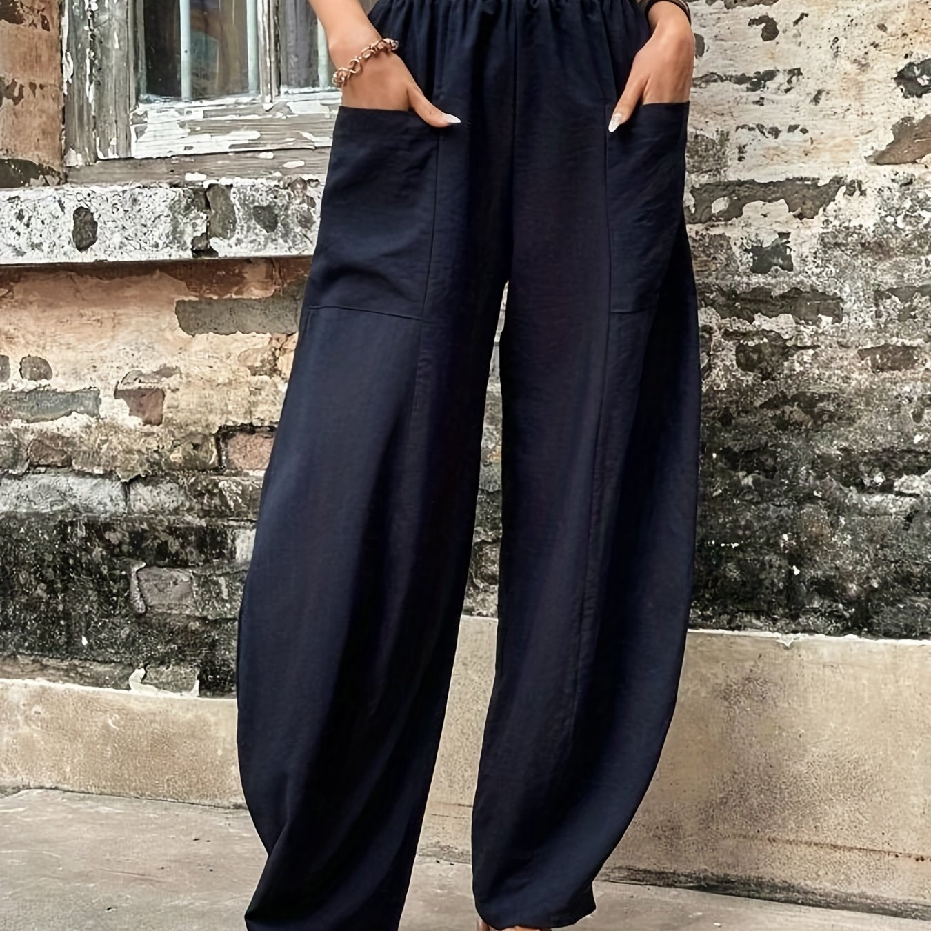 gbolsos  Boho Solid Elastic Waist Harem Pants, Casual Long Length Baggy Pants With Pockets For Spring & Summer, Women's Clothing