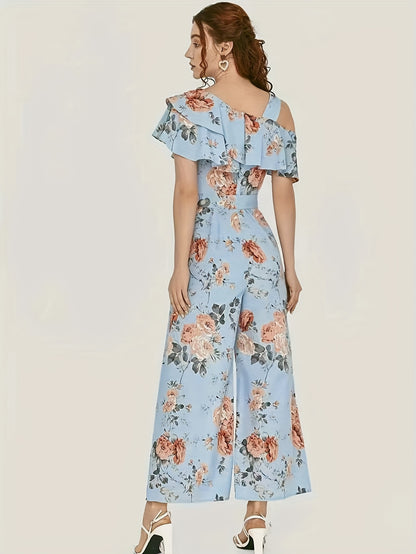 elveswallet  Floral Print Wide Leg Jumpsuit, Boho Ruffle Layered Hem Jumpsuit For Spring & Summer, Women's Clothing