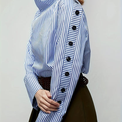 gbolsos  Stripe Print Button Decor Blouse, Casual Long Sleeve Blouse For Spring & Fall, Women's Clothing