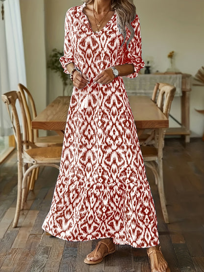 Allover Print Tassel V-Neck Dress, Boho Half Sleeve Dress, Women's Clothing