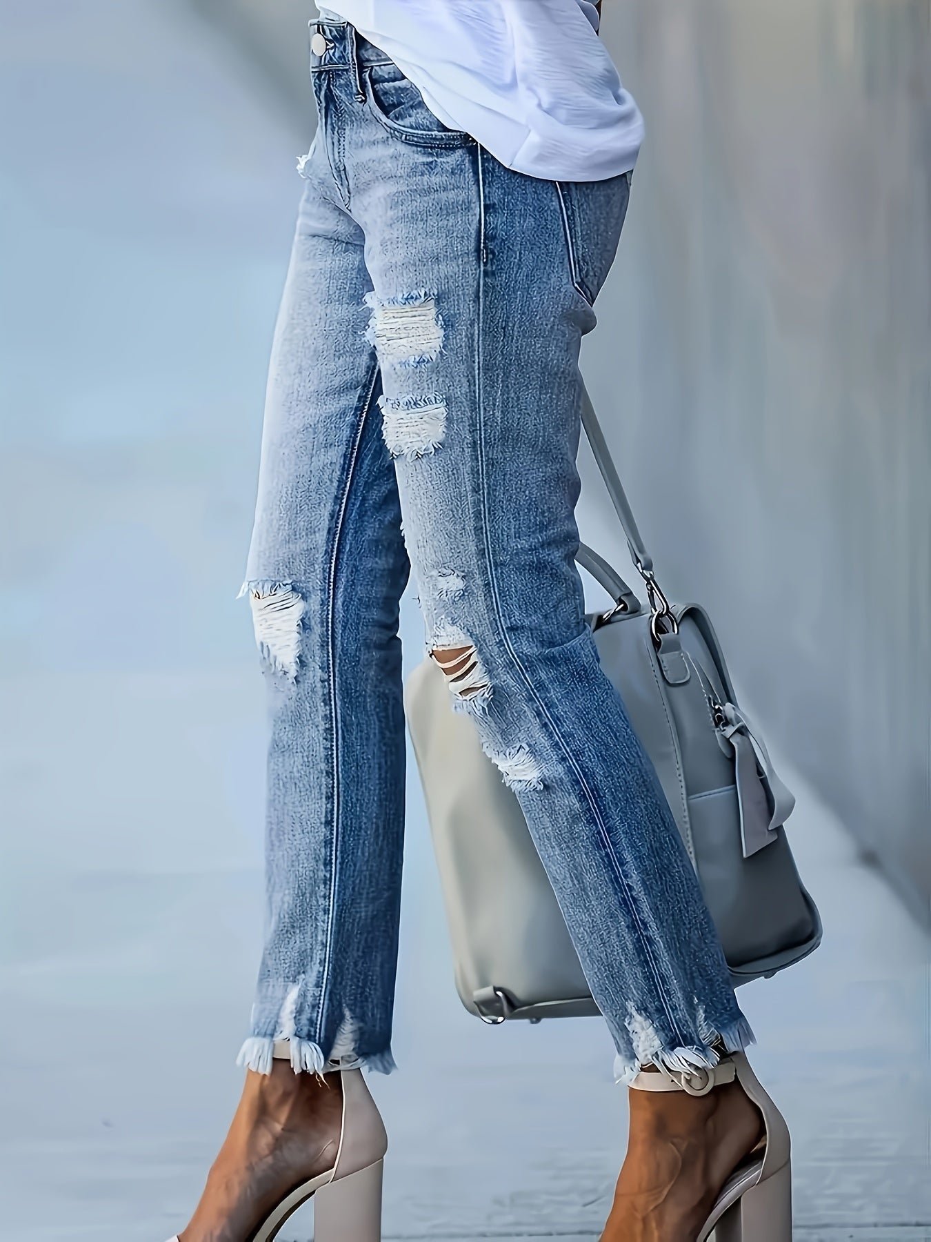 gbolsos  Ripped Holes Casual Straight Jeans, Raw Hem Slant Pockets Washed Denim Pants, Women's Denim Jeans & Clothing