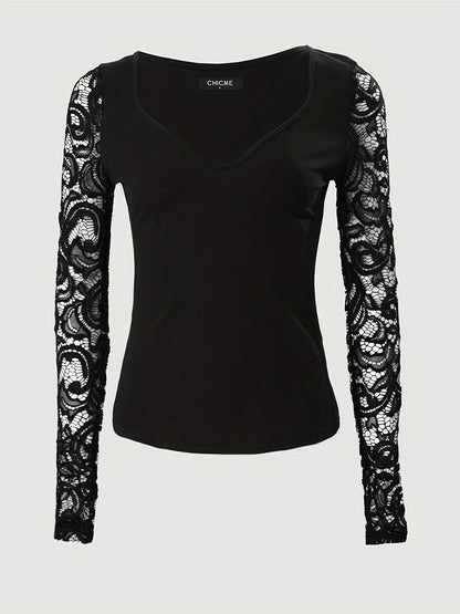 gbolsos  Lace V-neck Slim T-Shirt, Sexy Long Sleeve T-Shirt For Spring & Summer, Women's Clothing