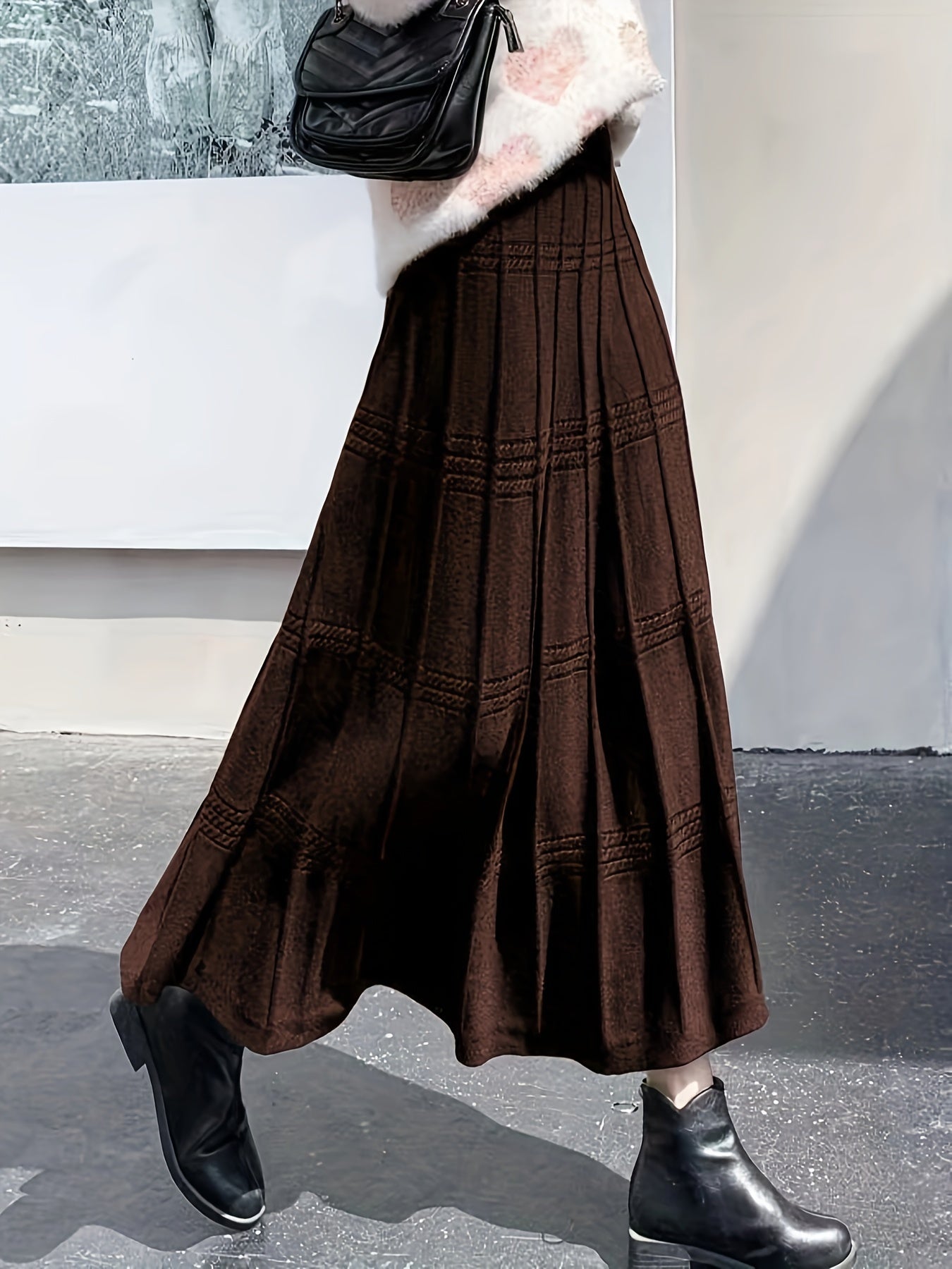 gbolsos  Solid Color Knit Tucked Skirt, Casual Ankle Length Skirt For Fall & Winter, Women's Clothing
