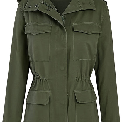 gbolsos  Solid Stand Collar Long Sleeve Pockets Jacket, Winter Warm Zipper Button Casual Outerwear, Women's Clothing