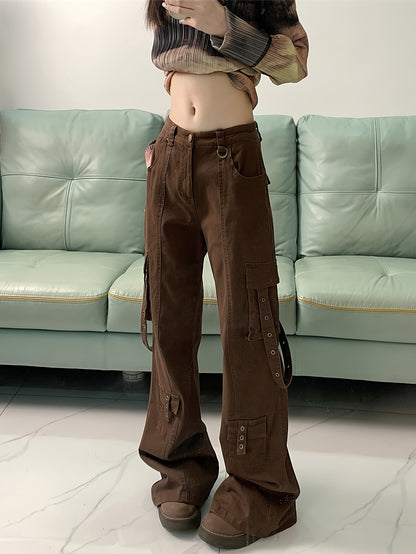 gbolsos  Flap Pocket Eyelet Brown Cargo Jeans, Loose Fit Casial Plain Denim Pants, Women's Denim Jeans & Clothing