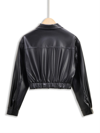 gbolsos  PU Leather Turn Down Collar Jacket, Casual Elastic Hem Button Front Outerwear With Pockets, Women's Clothing