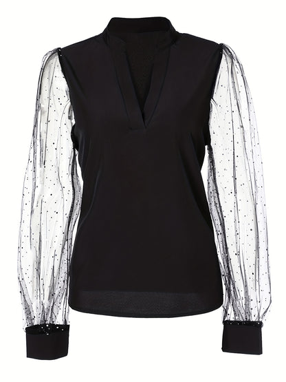 gbolsos  Solid Sheer Sleeve Blouse, Elegant V Neck Blouse For Spring & Fall, Women's Clothing
