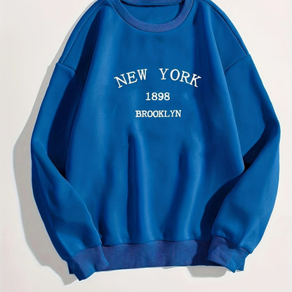 New York Brooklyn Print Loose Sweatshirt, Casual Long Sleeve Crew Neck Sweatshirt, Women's Clothing