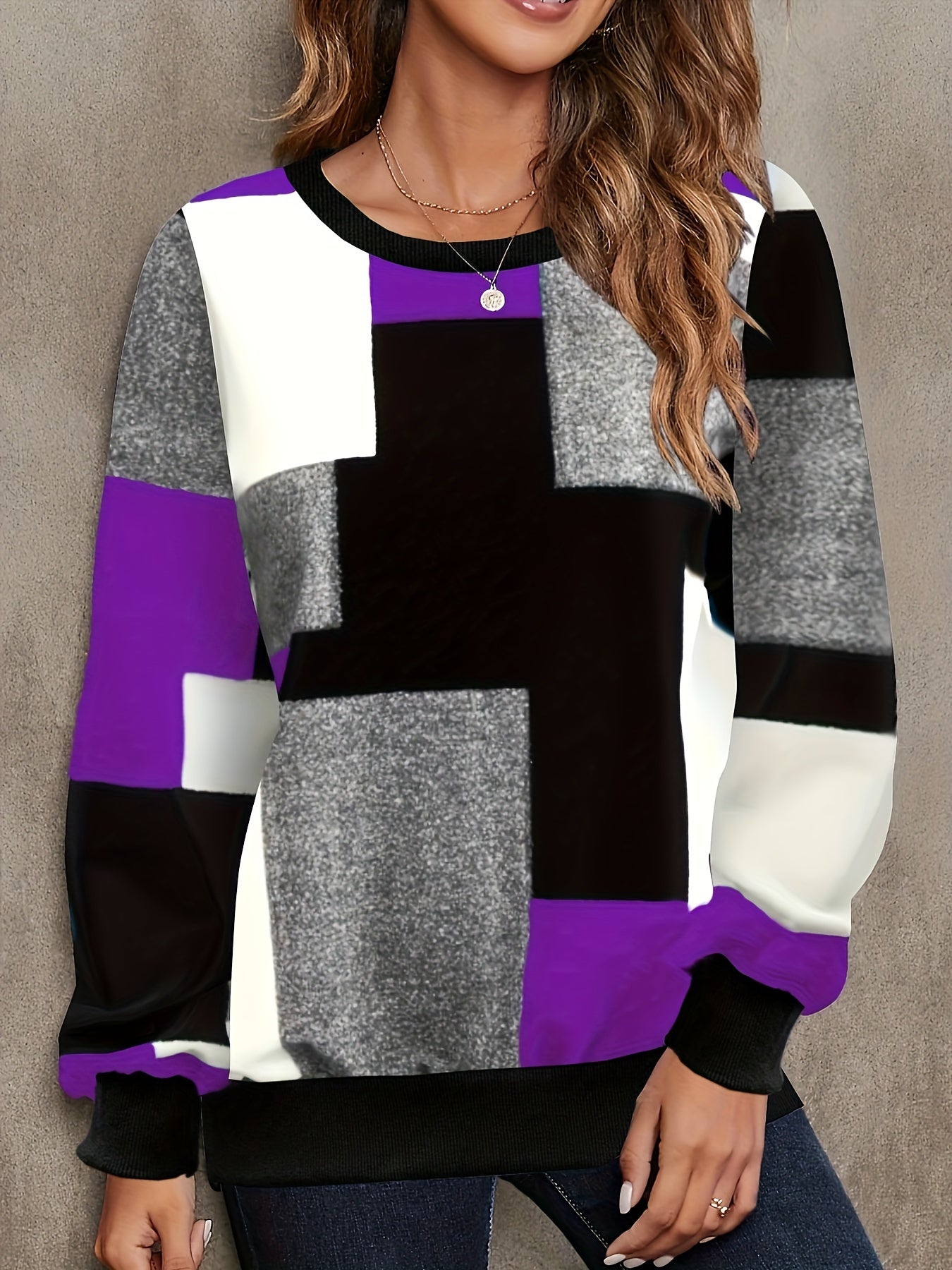 Color Block Crew Neck Pullover Sweatshirt, Casual Long Sleeve Sweatshirt For Spring & Fall, Women's Clothing