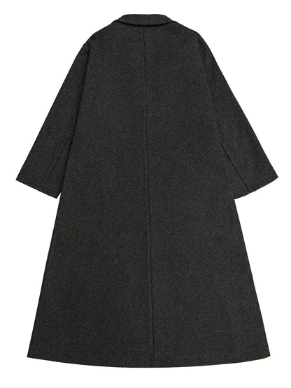 Plus Size Casual Coat, Women's Plus Solid Button Up Long Sleeve Lapel Collar Long Coat