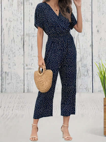gbolsos  Pin Dot Print Cropped Jumpsuit, Casual V Neck Short Sleeve Wide Leg Jumpsuit, Women's Clothing