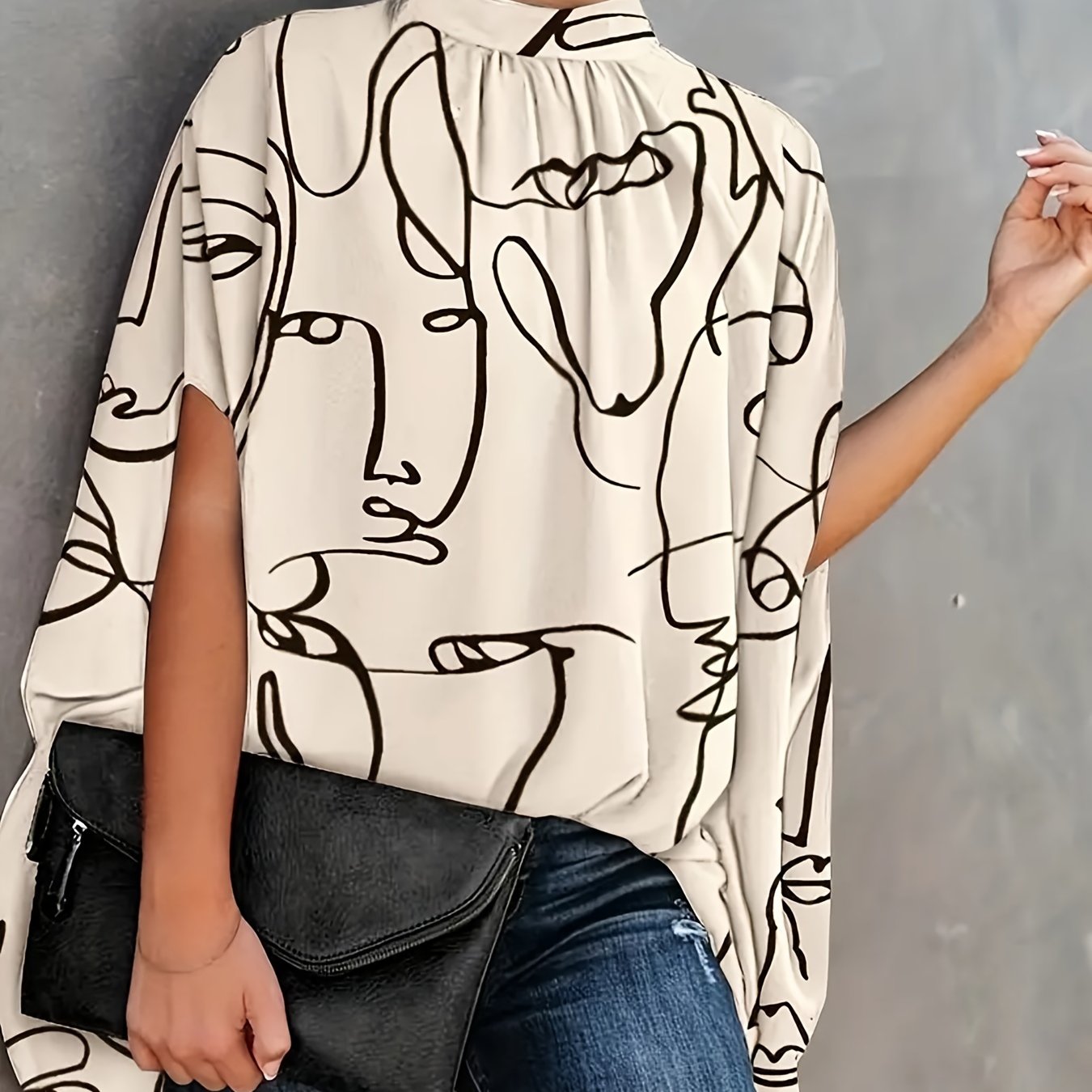 gbolsos  Plus Size Elegant Blouse, Women's Plus Letter Print Bat Sleeve Mock Neck Slight Stretch Blouse
