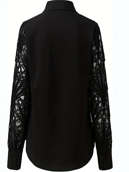 2025 elveswallet  Women's V-Neck Casual Blouse Lace Long Sleeve Shirt Lantern Sleeve Top Work Button T-Shirt