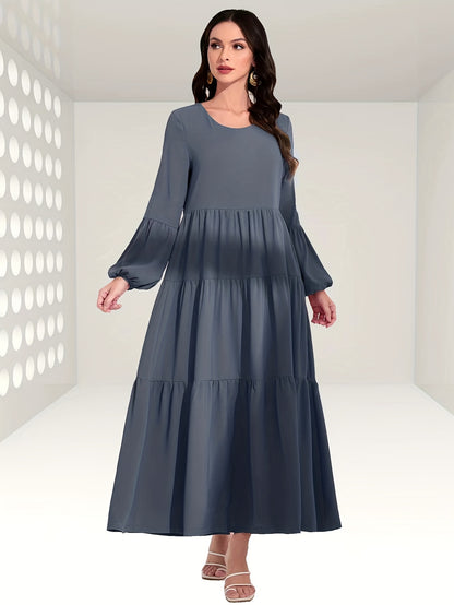 Ruched Lantern Sleeve Dress, Casual Crew Neck Solid Maxi Dress, Women's Clothing