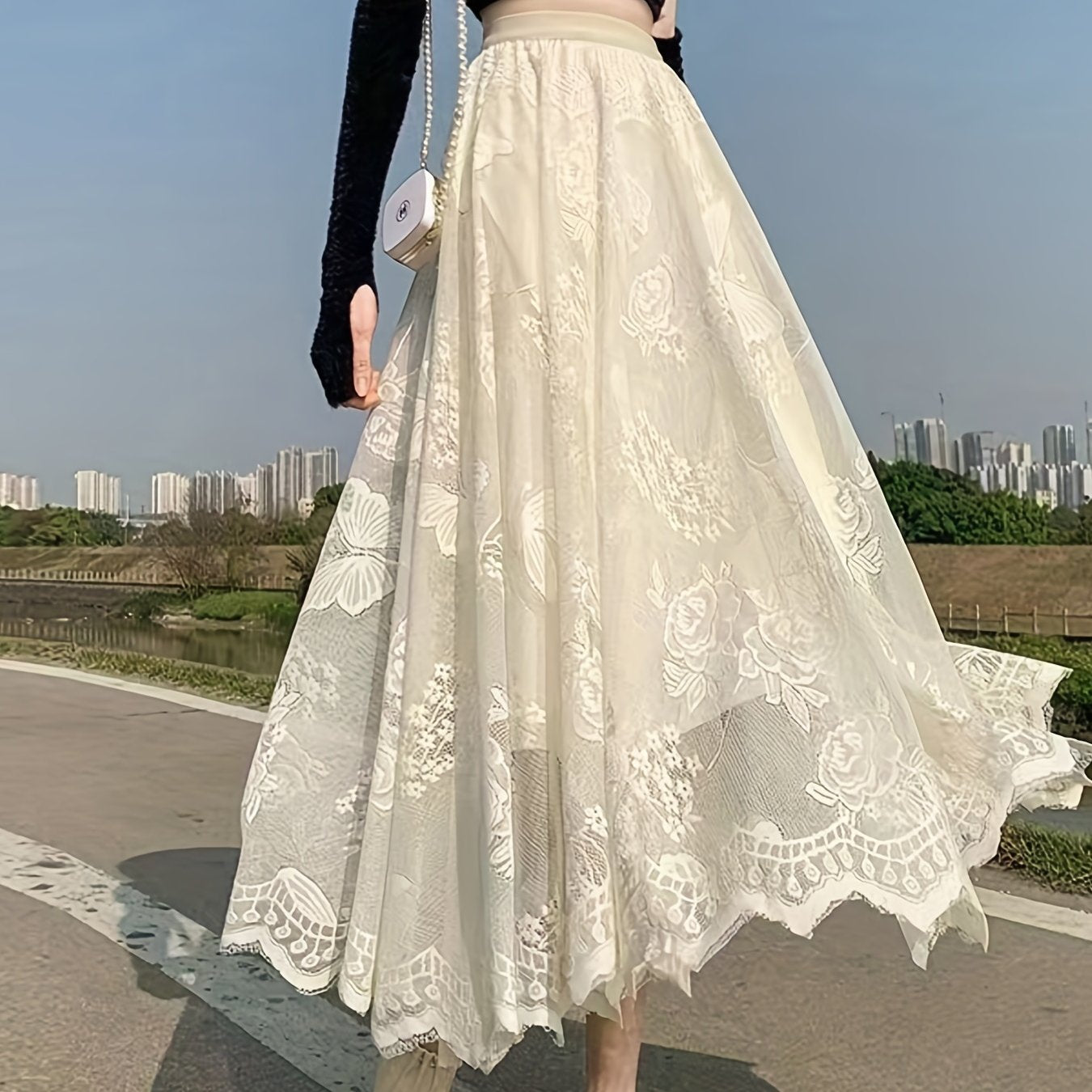 Solid Lace Elastic Waist Skirt, Elegant Skirt For Spring & Summer, Women's Clothing
