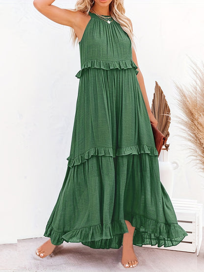 gbolsos  Tiered Ankle Tank Dress, Casual Backless Halter Neck Dress For Summer, Women's Clothing
