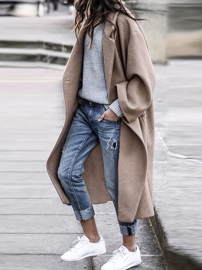 gbolsos  Plus Size Elegant Coat, Women's Plus Solid Long Sleeve Lapel Collar Single Breasted Longline Overcoat
