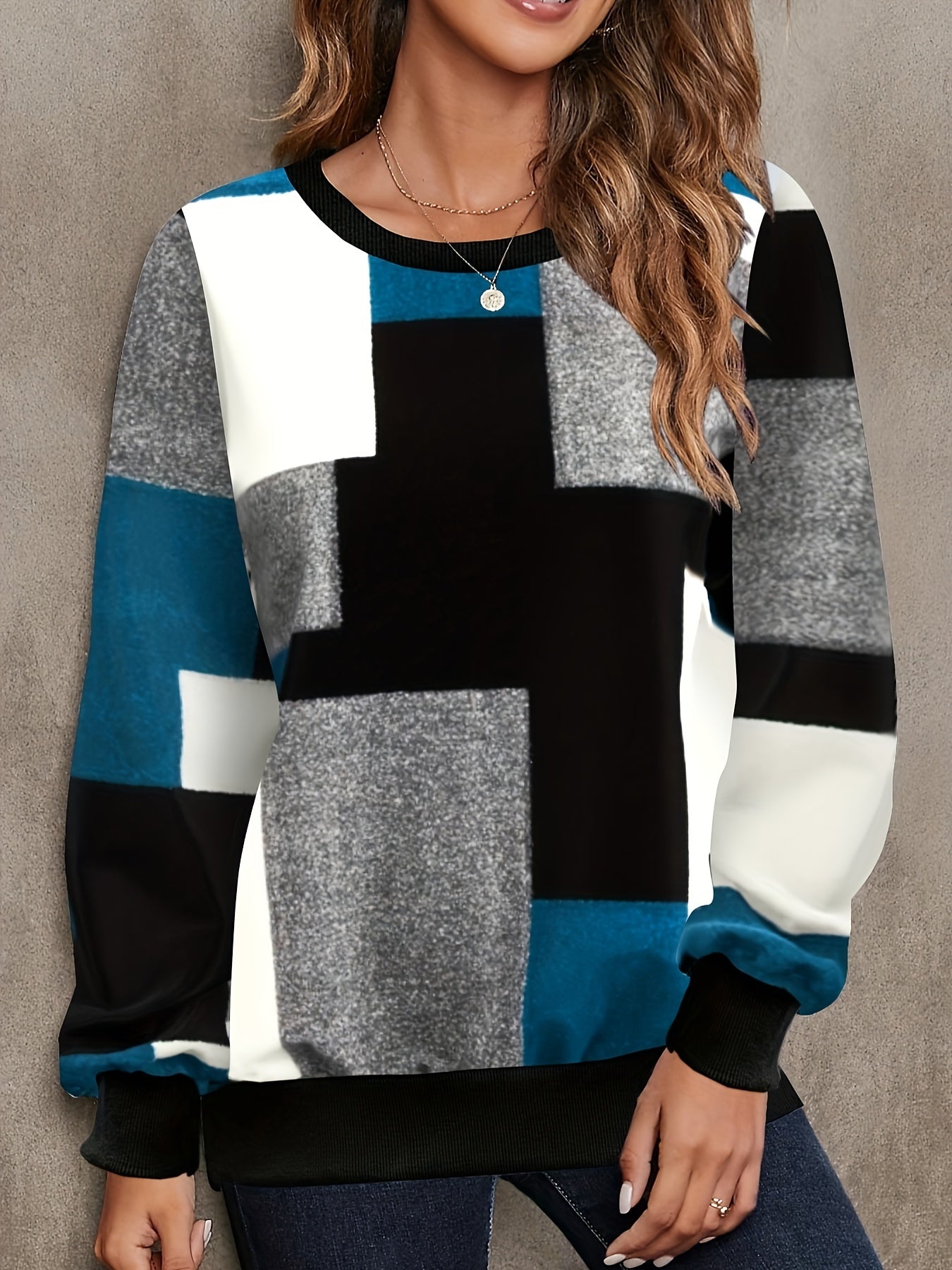 Color Block Crew Neck Pullover Sweatshirt, Casual Long Sleeve Sweatshirt For Spring & Fall, Women's Clothing