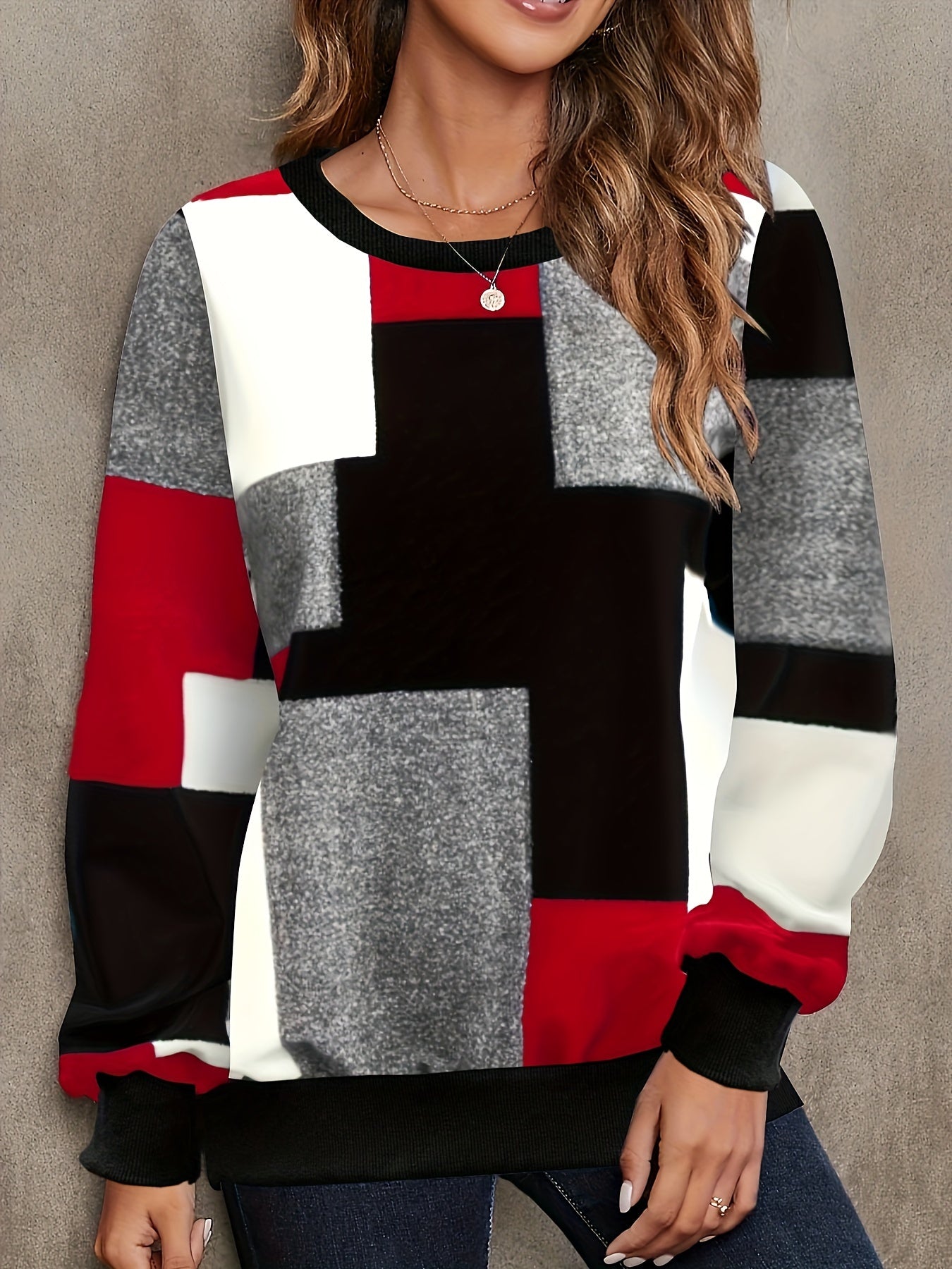 Color Block Crew Neck Pullover Sweatshirt, Casual Long Sleeve Sweatshirt For Spring & Fall, Women's Clothing