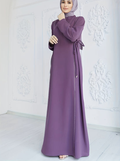 Rhinestone Kaftan Dress, Casual Long Sleeve High Collar Solid Dress, Women's Clothing