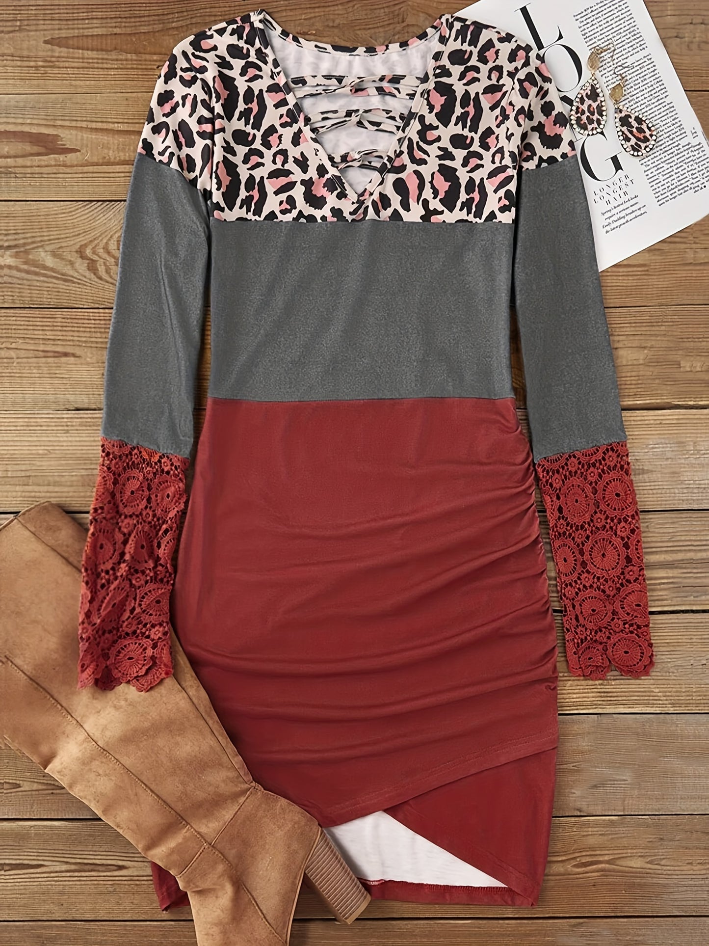 gbolsos Women's Sexy Dress, Plus Size Colorblock Leopard Print Contrast Lace Long Sleeve Criss Cross V Neck Ruched Bodycon Mini Dress