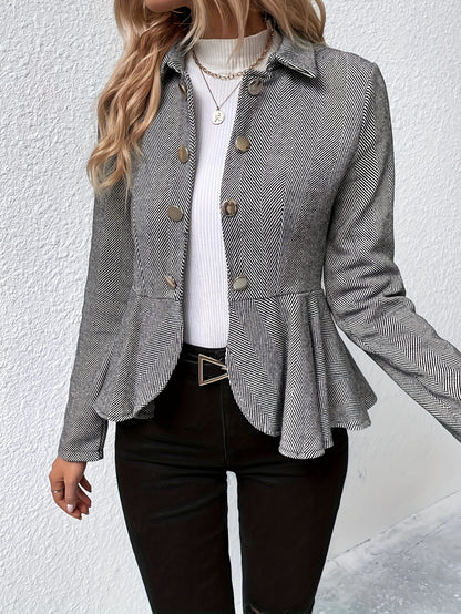 gbolsos  Ruffle Hem Open Front Jacket, Casual Long Sleeve Outerwear With Buttons, Women's Clothing