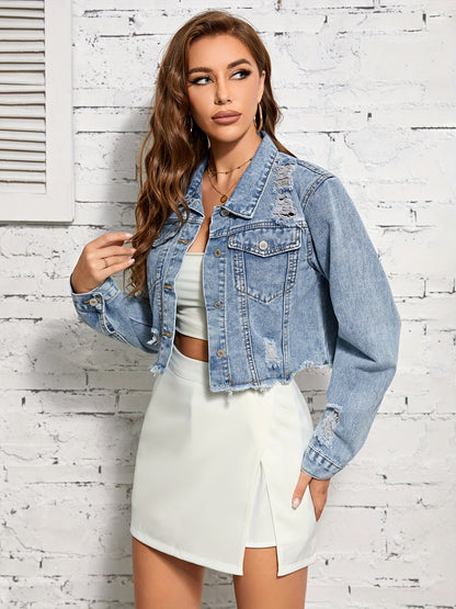 gbolsos  Blue Ripped Holes Cropped Denim Coats, Long Sleeves Raw Cut Lapel Denim Jackets, Women's Denim Clothing