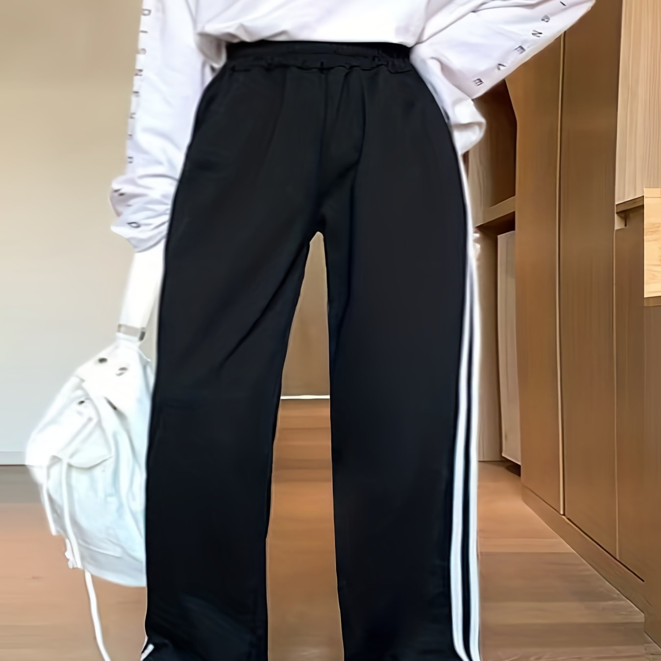 gbolsos Plus Size Casual Pants, Women's Plus Stripe Print Elastic High Rise Wide Leg Slight Stretch Loose Pants