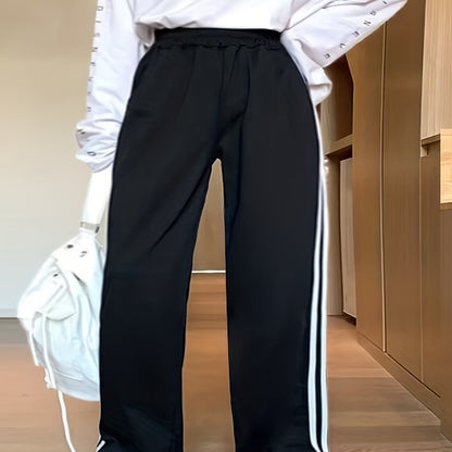 gbolsos Plus Size Casual Pants, Women's Plus Stripe Print Elastic High Rise Wide Leg Slight Stretch Loose Pants