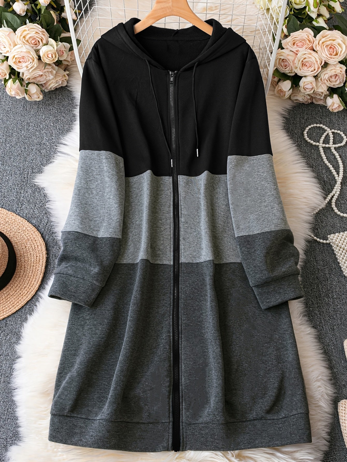 gbolsos  Colorblock Zip Front Drawstring Hoodie, Casual Long Sleeve Hoodies For Fall & Winter, Women's Clothing