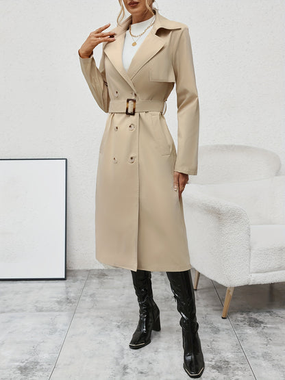 gbolsos  Double Breasted Lapel Trench Coat, Elegant Open Front Long Sleeve Outerwear, Women's Clothing