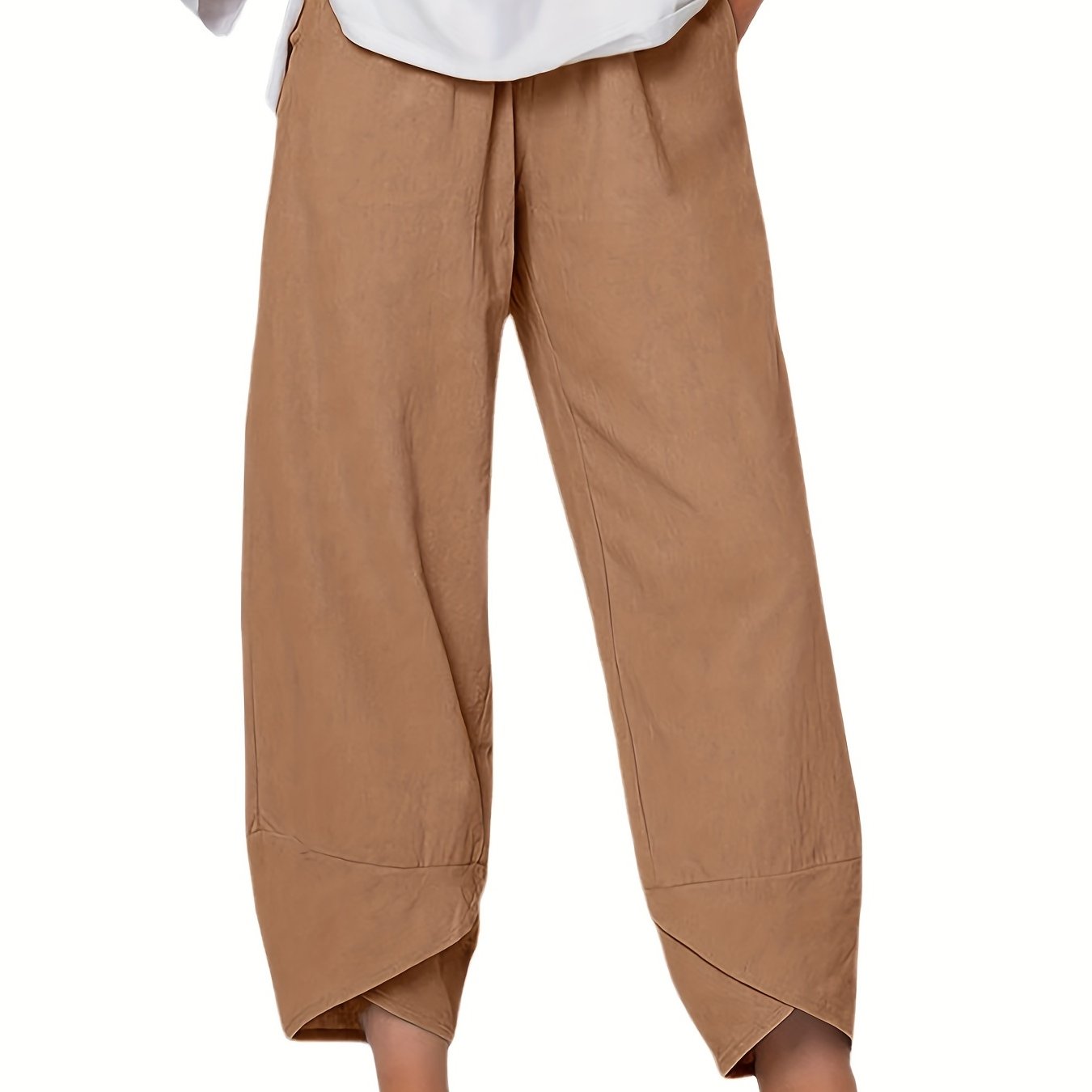 gbolsos  Loose Pocket Pants, Casual Elastic Waist Solid Fashion Comfy Spring & Summer Pants, Women's Clothing