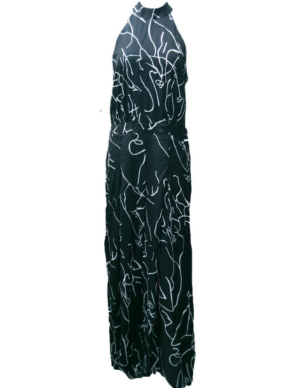 gbolsos  Elegant Tie Waist Halter Jumpsuit, Casual Floral Print Sleeveless Summer Wide Leg Jumpsuit, Women's Clothing