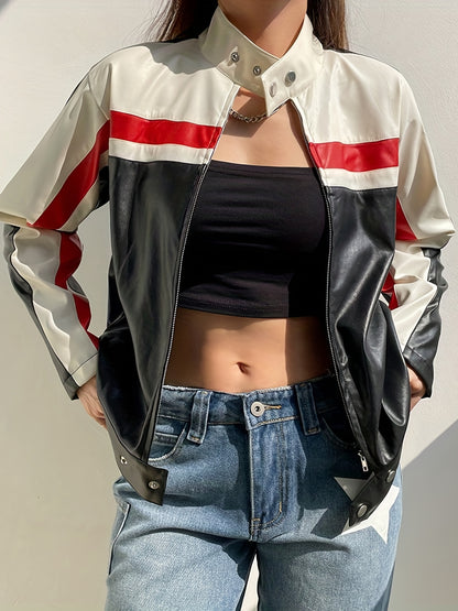 gbolsos  Color Block Zip Up Jacket, Streetwear Long Sleeve Outerwear, Women's Clothing