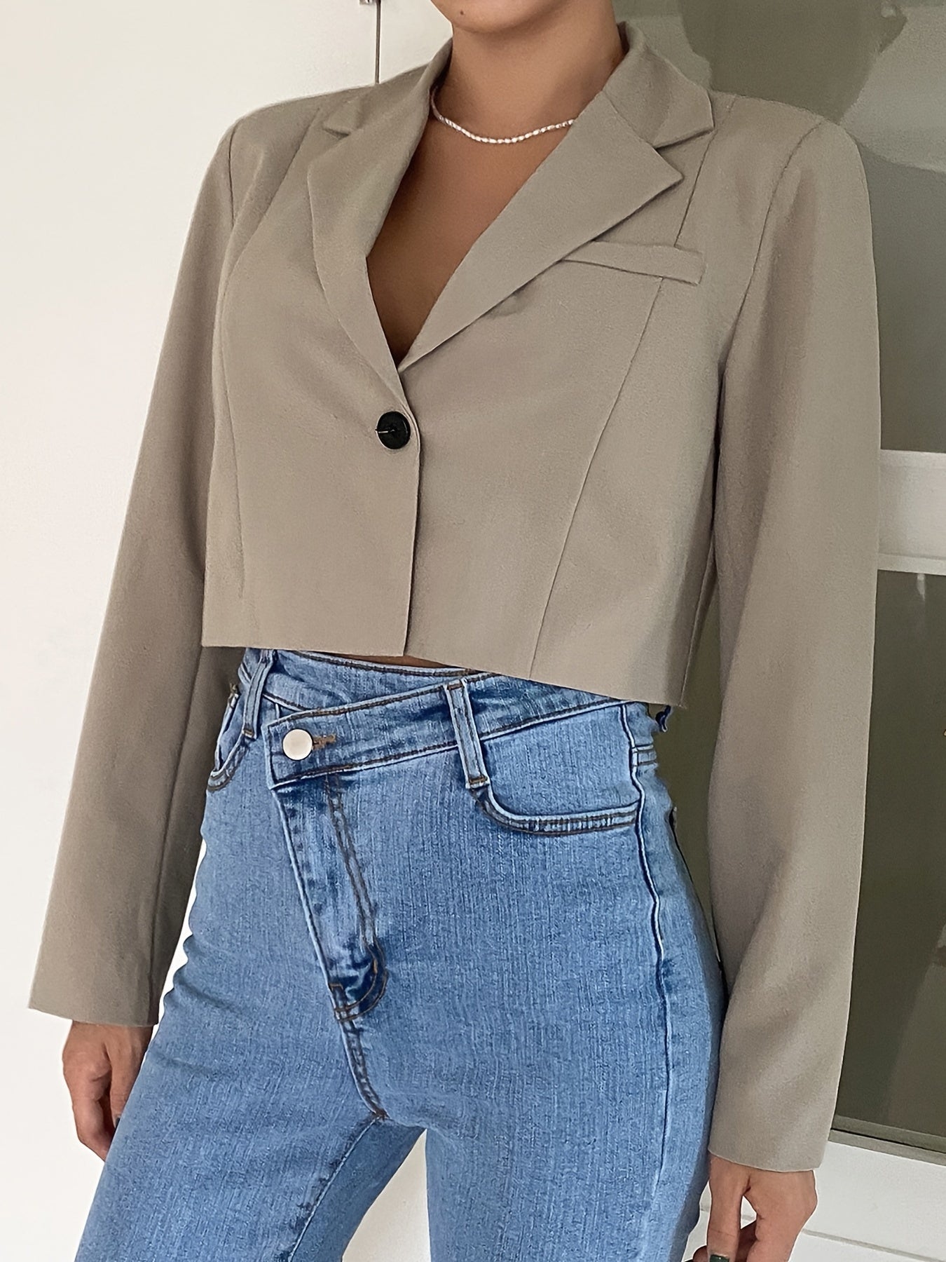 gbolsos  Cropped Solid Lapel Blazer, Elegant Open Front Long Sleeve Outerwear, Women's Clothing