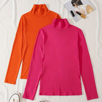 gbolsos  2 Pieces Turtle Neck T-Shirts, Versatile Long Sleeve T-Shirts For Spring & Fall, Women's Clothing