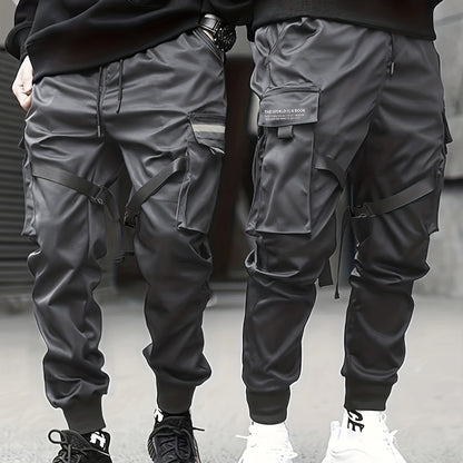 gbolsos  Classic Design Multi Flap Pockets Cargo Pants,Men's Loose Fit Drawstring Kpop Cargo Pants, For Skateboarding, Street, Outdoor Camping
