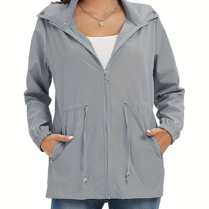 gbolsos  Solid Hooded Rain Jacket, Casual Zip Up Long Sleeve Outerwear, Women's Clothing