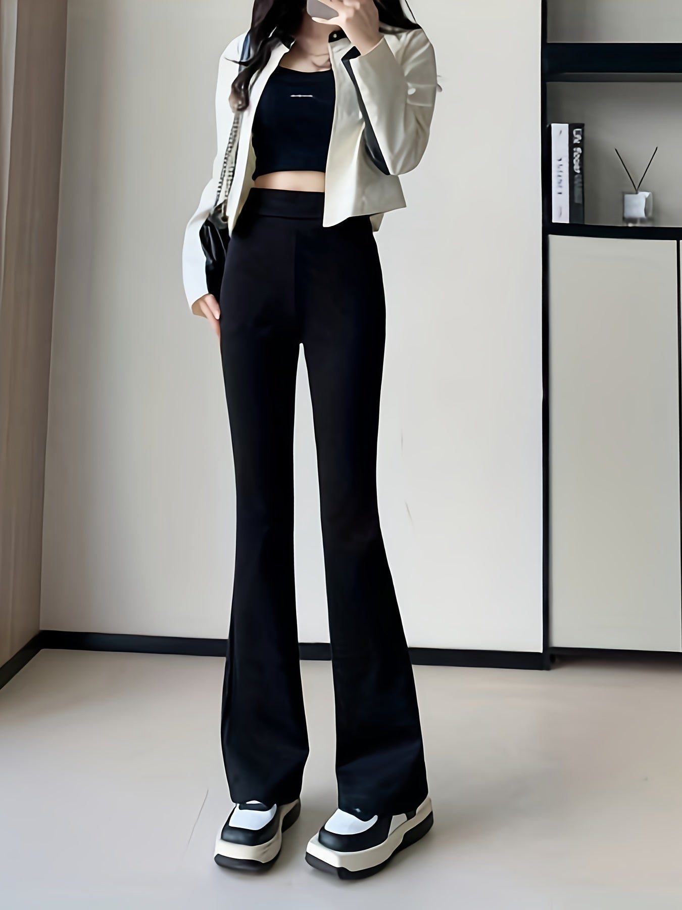 gbolsos Solid Slim Flare Leg Pants, Casual High Waist Bootcut Pants, Women's Clothing