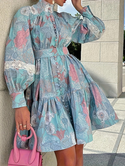 gbolsos  Floral Print Button Front Dress, Elegant Pleated Long Sleeve High Collar Summer Dress, Women's Clothing
